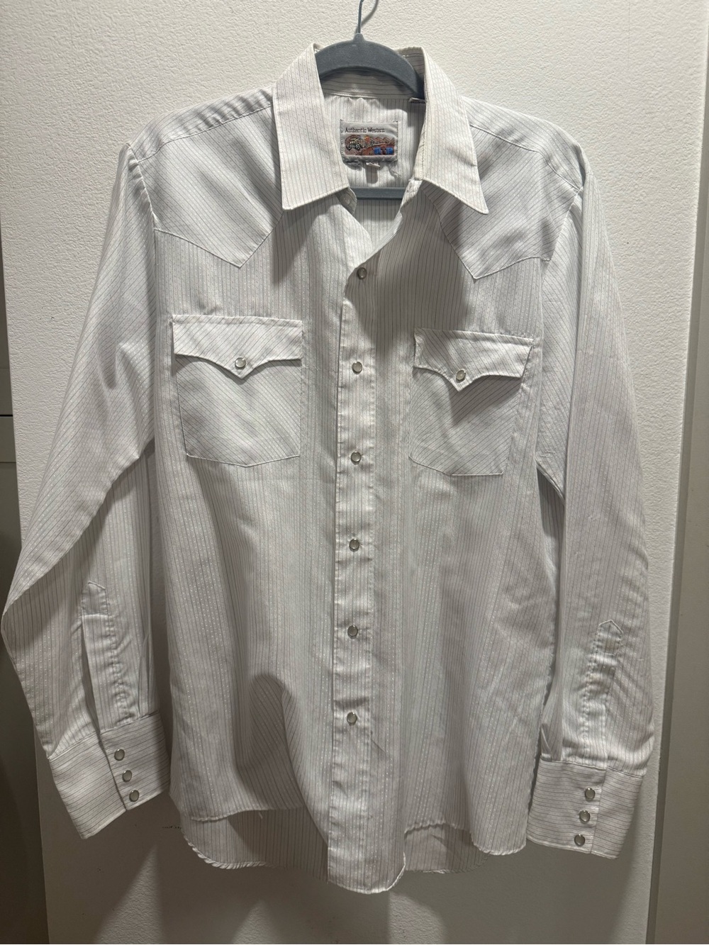 Vintage Authentic Western Pearl Snap Shirt White Blue Pinstripe Mens 16 34/35